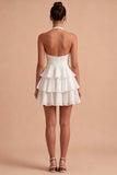 White A Line Halter Tiered Ruffle Graduation Dress with Bow