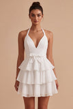 White A Line Halter Tiered Ruffle Graduation Dress with Bow