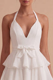 White A Line Halter Tiered Ruffle Graduation Dress with Bow