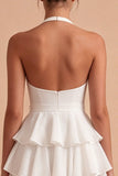 White A Line Halter Tiered Ruffle Graduation Dress with Bow