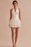White A Line Halter Ruffled Graduation Dress