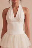 White A Line Halter Ruffled Graduation Dress