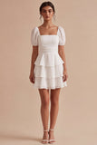 White A Line Ruffled Square Neck Graduation Dress with Puff Sleeves