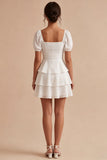 White A Line Ruffled Square Neck Graduation Dress with Puff Sleeves
