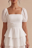 White A Line Ruffled Square Neck Graduation Dress with Puff Sleeves