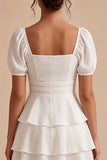 White A Line Ruffled Square Neck Graduation Dress with Puff Sleeves