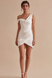 Bodycon White Asymmetrical Neck Ruched Graduation Dress
