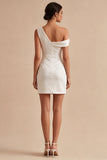 Bodycon White Asymmetrical Neck Ruched Graduation Dress