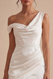 Bodycon White Asymmetrical Neck Ruched Graduation Dress