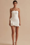 Strapless White Bodycon Ruffled Graduation Dress