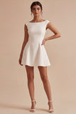 A Line White Bateau Neck Graduation Dress