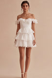 Off the Shoulder White A Line Tiered Ruffle Graduation Dress