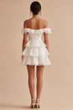 Off the Shoulder White A Line Tiered Ruffle Graduation Dress