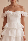Off the Shoulder White A Line Tiered Ruffle Graduation Dress