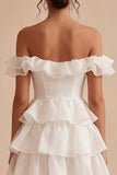 Off the Shoulder White A Line Tiered Ruffle Graduation Dress
