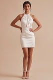 White Halter Bodycon Ruched Mini Graduation Dress with Keyhole