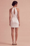 White Halter Bodycon Ruched Mini Graduation Dress with Keyhole