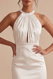 White Halter Bodycon Ruched Mini Graduation Dress with Keyhole