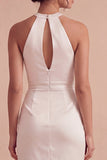 White Halter Bodycon Ruched Mini Graduation Dress with Keyhole
