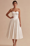 White Sweetheart A Line Satin Midi Engagement Dress