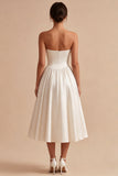 White Sweetheart A Line Satin Midi Engagement Dress