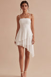White A Line Spaghetti Straps Ruffled Asymmetrical Graduation Dress