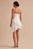 White A Line Spaghetti Straps Ruffled Asymmetrical Graduation Dress