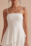 White A Line Spaghetti Straps Ruffled Asymmetrical Graduation Dress