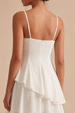 White A Line Spaghetti Straps Ruffled Asymmetrical Graduation Dress