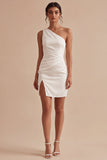 One Shoulder White Bodycon Mini Graduation Dress with Slit