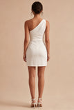 One Shoulder White Bodycon Mini Graduation Dress with Slit
