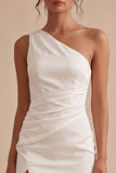 One Shoulder White Bodycon Mini Graduation Dress with Slit
