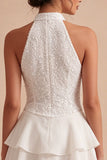 Halter White A Line Graduation Dress with Ruffles