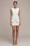 White 2 Piece Single Breasted Round Neck Short Work Dress