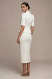 White 2 Piece Notched Lapel Half Sleeves Business Dress with Pockets