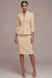 Ivory 3/4 Sleeves 2 Piece Single Breasted Midi Business Dress