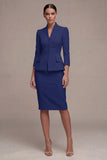 Ivory 3/4 Sleeves 2 Piece Single Breasted Midi Business Dress