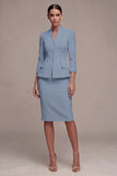Ivory 3/4 Sleeves 2 Piece Single Breasted Midi Business Dress