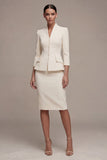 Ivory 3/4 Sleeves 2 Piece Single Breasted Midi Business Dress