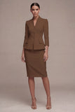 Ivory 3/4 Sleeves 2 Piece Single Breasted Midi Business Dress