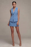 2 Piece Notched Lapel Steel Blue Single Breasted Short Work Dress