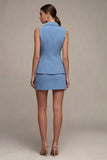 2 Piece Notched Lapel Steel Blue Single Breasted Short Work Dress