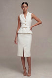 White 2 Piece Notched Lapel Single Breasted Midi Work Dress with Slit