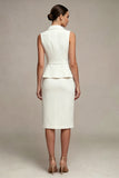 White 2 Piece Notched Lapel Single Breasted Midi Work Dress with Slit