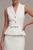 White 2 Piece Notched Lapel Single Breasted Midi Work Dress with Slit
