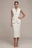 White Single Breasted 2 Piece Midi Notched Lapel Work Dress with Back Slit