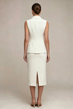 White Single Breasted 2 Piece Midi Notched Lapel Work Dress with Back Slit