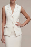 White Single Breasted 2 Piece Midi Notched Lapel Work Dress with Back Slit