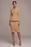 Ivory 2 Piece Notched Lapel Long Sleeves Midi Work Dress