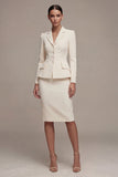 Ivory 2 Piece Notched Lapel Long Sleeves Midi Work Dress